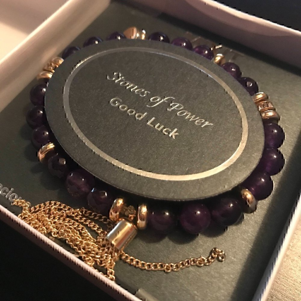 NWT Purple Stones of Power Good Luck Gold Tassle Fashion Bracelet